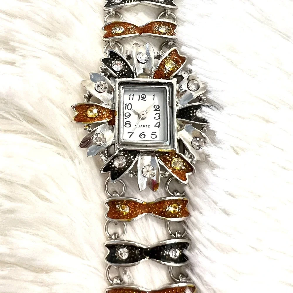 Women's Watch Floral‎ Brown/Black Silver Tone Bracelet Wristwatch 6.5 in